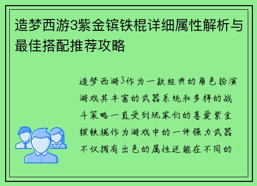 造梦西游3紫金镔铁棍详细属性解析与最佳搭配推荐攻略
